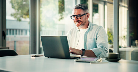Office, happy and business man on laptop for research, online report and budget planning. Professional, startup manager and mature person on computer for company review, proposal and project schedule