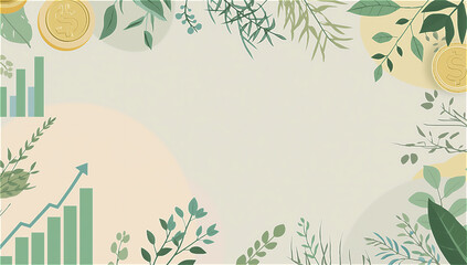 Financial Growth Background with Tropical Leaves, Coins, and Charts - Perfect for Presentation