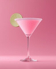 Pink cocktail with lime slice in martini glass on pastel background