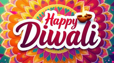 Fototapeta premium Happy diwali greeting with colorful mandala and diya lamp, indian festival of lights celebration