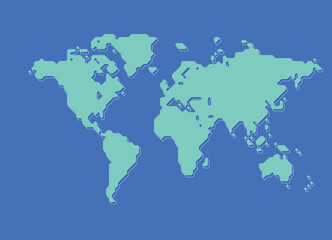 Minimal flat world map vector illustration, global continents silhouette with geographic shapes, simple turquoise and blue design for education, infographic, travel, presentation, web and app UI