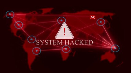 Global System Hack Alert with Red World Map and Network Connections system hacked - Powered by Adobe