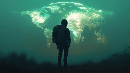 Contemplative figure observes a luminous global projection in muted light backdrop