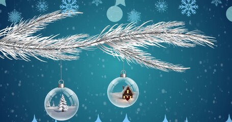 Animation of snow falling over christmas snow globes and baubles in winter scenery background - Powered by Adobe