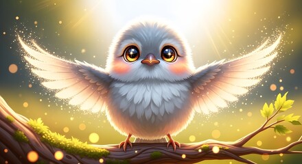 Fototapeta premium Adorable fluffy baby bird with big eyes and outstretched wings sitting on a branch in a magical sunlit forest