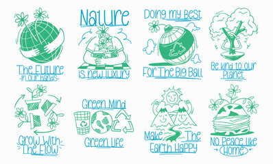 Sustainable living hand-drawn illustration collection, Eco-friendly graphic t-shirt print set, Ecology and environmental protection graphic, Environment and recycle poster designs bundle 