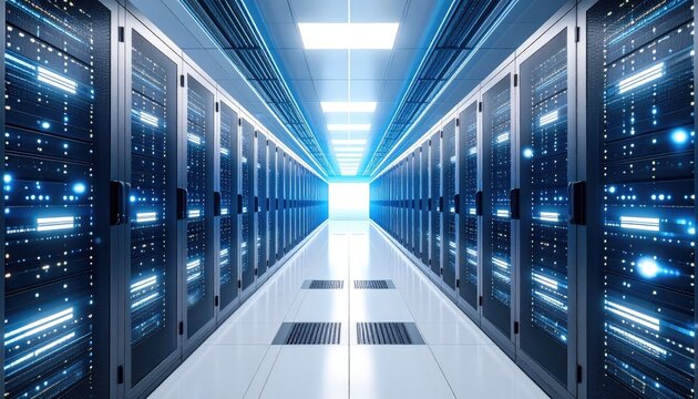 A perspective view of a narrow, bright corridor lined with server racks. Blue lighting highlights the futuristic, data-centric environment