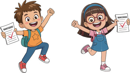 Happy kids cartoon illustration, school success celebration, boy and girl holding report cards, academic achievement, student victory, education concept