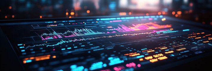 A panoramic view of a digital display filled with abstract sound waves and data visualizations in bright neon colors, suggesting audio analysis or futuristic interfaces.