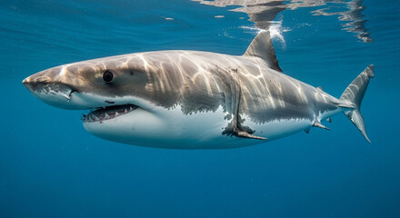 Naklejka premium Majestic great white shark glides through clear blue ocean water, showcasing powerful form and sharp teeth.