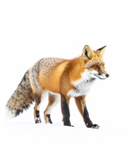 Fototapeta premium A vibrant fox, with reddish-orange fur and a bushy tail, stands poised against a stark white snow background, creating a striking winter portrait