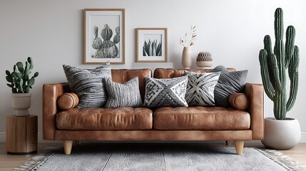 A modern living room featuring a stylish brown leather sofa with decorative pillows and a tall cactus.