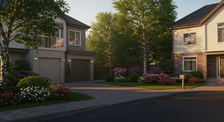 Fototapeta premium Suburban street with modern homes manicured lawns and lush greenery