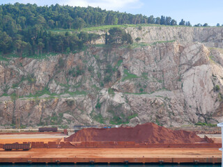 Dry bulk terminal at Port of Bar, Montenegro, showing iron ore stockpiles and railway wagons used for cargo transport.