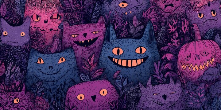 A vibrant tapestry of whimsical cats and spooky plants, in shades of purple and blue, creates a mysterious and enchanting mood.