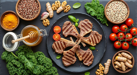 Delicious grilled lamb chops surrounded by fresh ingredients and spices for a healthy meal