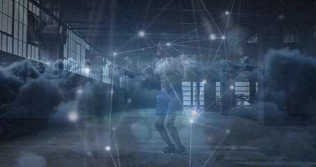 Animation of data processing over clouds and caucasian sportsman jumping rope - Powered by Adobe