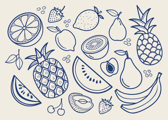 Vibrant hand drawn fruit assortment with bananas and peaches