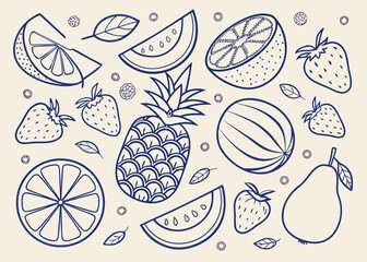 Blue Outline Illustration of Mixed Fruits and Leaves