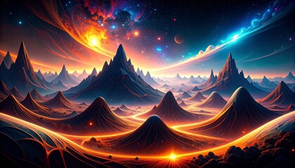 Celestial Peaks and Molten Valleys Under a Swirling Cosmic Nebula