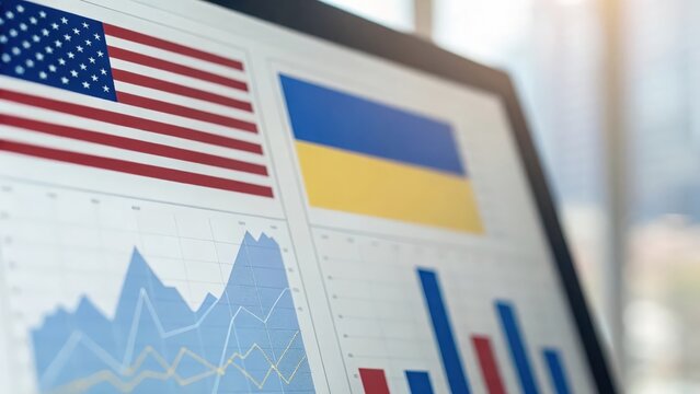 Digital graph and analytics with flags of US and Ukraine — concept of international data comparison