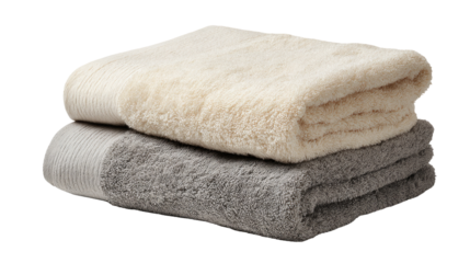 Two folded bath towels, beige and gray, stacked