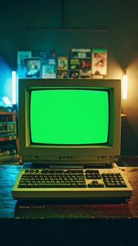 Vintage computer with bright green screen sits on a worn wooden desk in a dim room