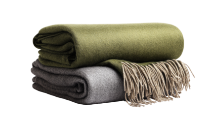 Two folded blankets, olive green and gray, stacked; fringe on bottom blanket