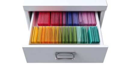 Open white drawer filled with colorful rectangular items