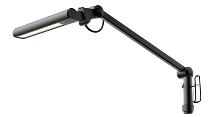 Adjustable, dark gray lamp with a long arm and a light bar