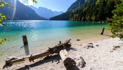 Serene alpine lake scene with clear turquoise water, sandy beach, and mountainous backdrop beneath a bright sky with a gentle lens flare