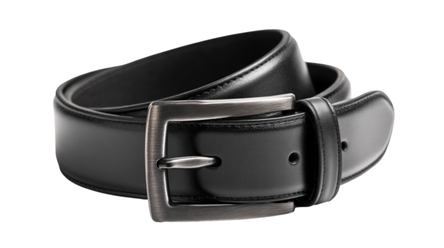 Folded black leather belt with a metal buckle