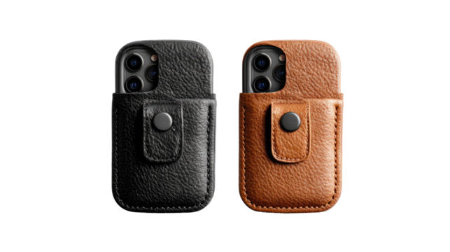 Two leather phone cases, black and tan, featuring a small pocket,  close-up,  minimal