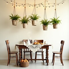 Hanging planters and string lights above a breakfast table