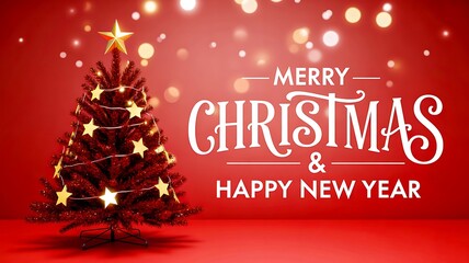 Title: Christmas tree with glowing lights on red background with merry christmas greeting 
