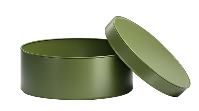 Olive-green cylindrical container with open lid
