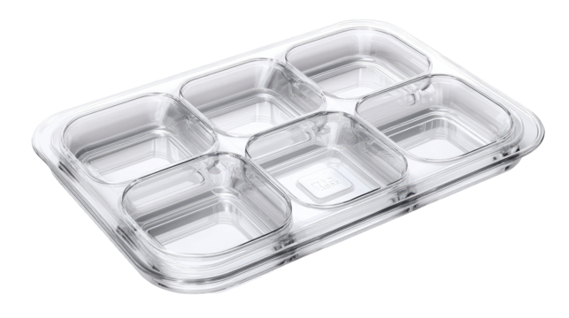 Clear plastic food tray with six square compartments - Powered by Adobe