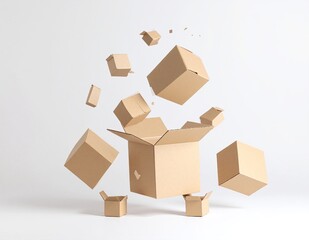 A disorganized stack of cardboard boxes in various sizes, with one box flaps ajar, revealing its contents peeking out, set against a neutral background.
