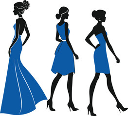 Lady icon vector set in stylish frock and skirt, ideal for fashion campaigns, luxury posters, and beauty brand graphics.