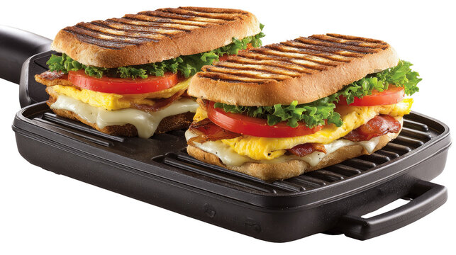 Two grilled cheese sandwiches with bacon, egg, tomato, and lettuce on a black panini press - Powered by Adobe