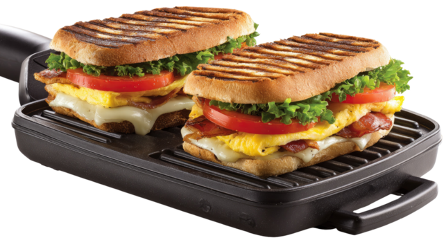 Two grilled cheese sandwiches with bacon, egg, tomato, and lettuce on a black panini press