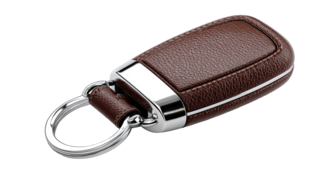 Brown leather car key fob with metal accents