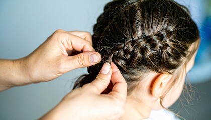 Naklejka premium Hands meticulously braid a young girl's hair into an intricate updo style, showcasing detail and care.