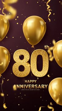 80th Anniversary Gold Balloons Confetti on Dark Purple Background