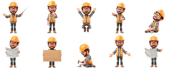 Builder's Showcase: A series of captivating illustrations spotlighting a builder in various poses, bringing construction concepts to life in an engaging cartoon style. 