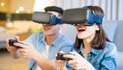 Smiling couple immersed in a virtual reality experience, playing video games together.