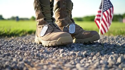 Military Boots and American Flag on Gravel Path in Remembrance Video