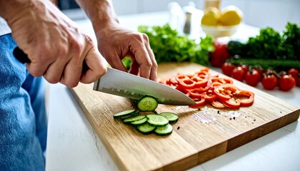 Hands expertly slicing fresh cucumber rounds on a wooden cutting board, surrounded by vibrant vegetables in a bright kitchen setting.