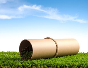 Obraz premium A white roll of paper rests on vibrant green grass, surrounded by small wildflowers, with sunlight filtering through nearby trees, creating a serene scene.