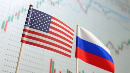 Overlay of American and Russian flags on business data visualization — showing comparative market performance
